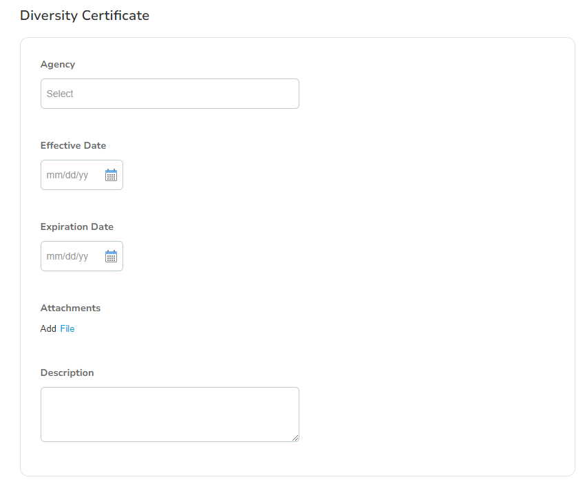 Screenshot of diversity certificate form on the Coupa Supplier Portal.